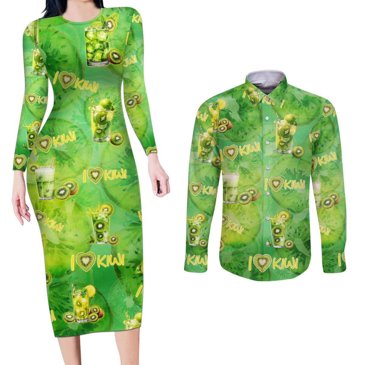 I Love Kiwi Couples Matching Long Sleeve Bodycon Dress and Long Sleeve Button Shirt New Zealand Kiwi Fruit Summer Cocktail