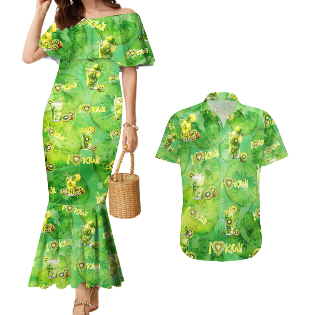 I Love Kiwi Couples Matching Mermaid Dress and Hawaiian Shirt New Zealand Kiwi Fruit Summer Cocktail