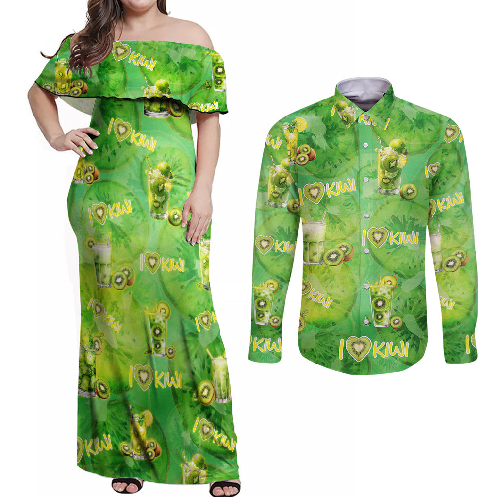 I Love Kiwi Couples Matching Off Shoulder Maxi Dress and Long Sleeve Button Shirt New Zealand Kiwi Fruit Summer Cocktail