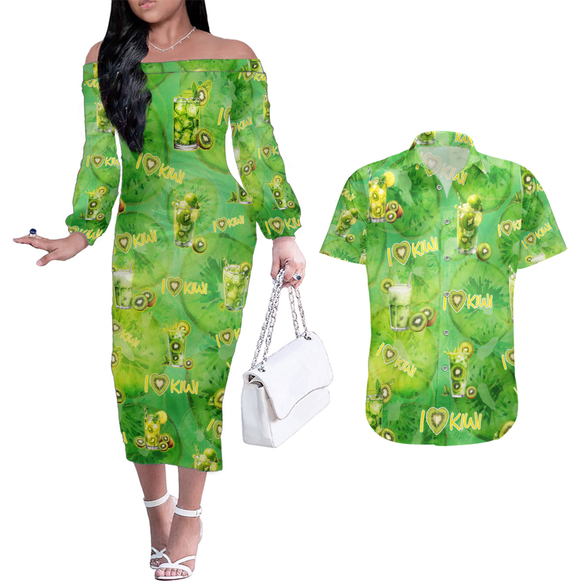 I Love Kiwi Couples Matching Off The Shoulder Long Sleeve Dress and Hawaiian Shirt New Zealand Kiwi Fruit Summer Cocktail