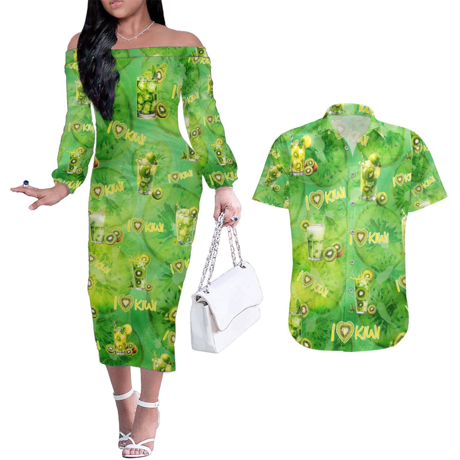 I Love Kiwi Couples Matching Off The Shoulder Long Sleeve Dress and Hawaiian Shirt New Zealand Kiwi Fruit Summer Cocktail DT02 Green - Polynesian Pride