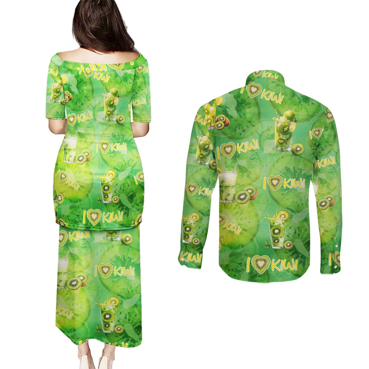 I Love Kiwi Couples Matching Puletasi and Long Sleeve Button Shirt New Zealand Kiwi Fruit Summer Cocktail