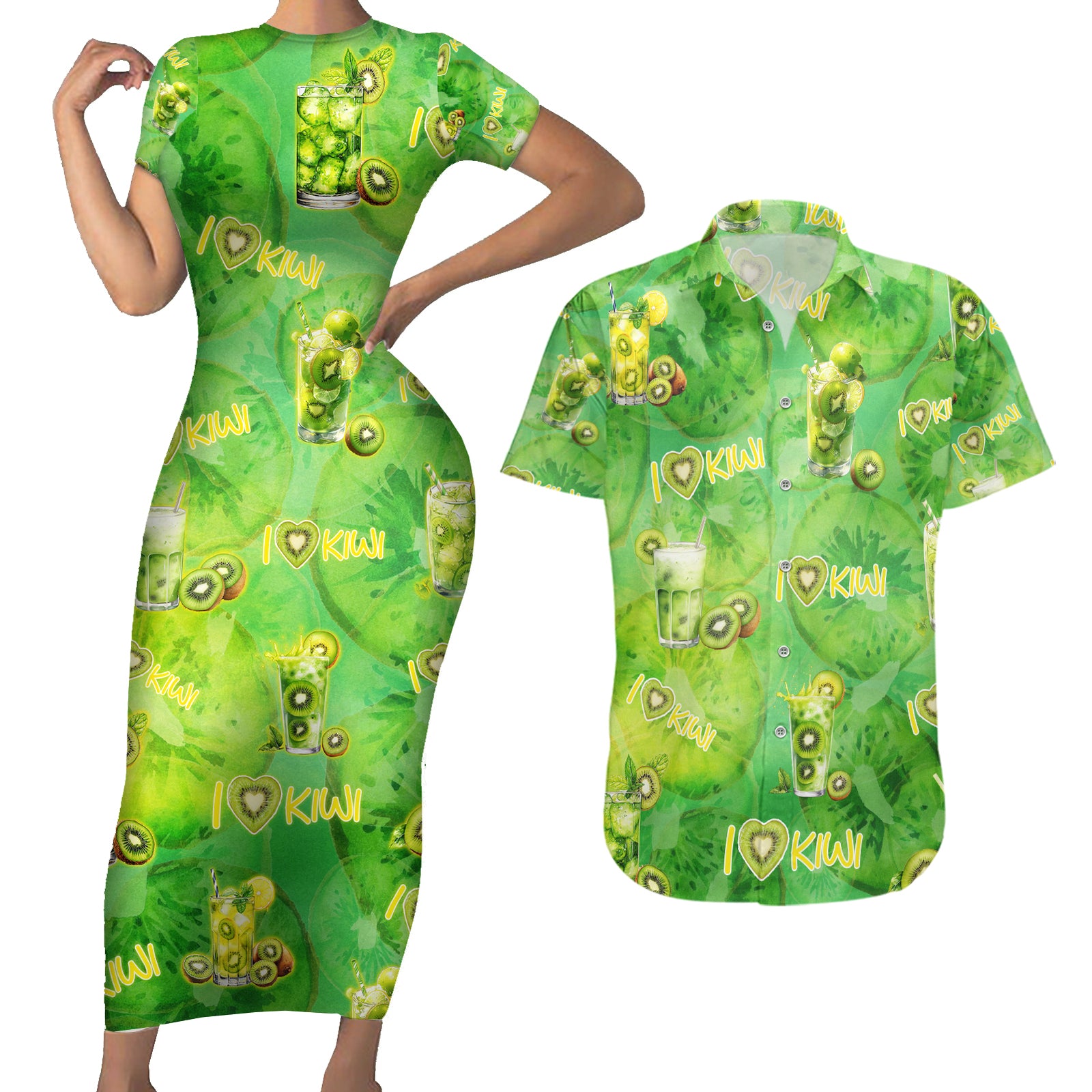 I Love Kiwi Couples Matching Short Sleeve Bodycon Dress and Hawaiian Shirt New Zealand Kiwi Fruit Summer Cocktail DT02 Green - Polynesian Pride