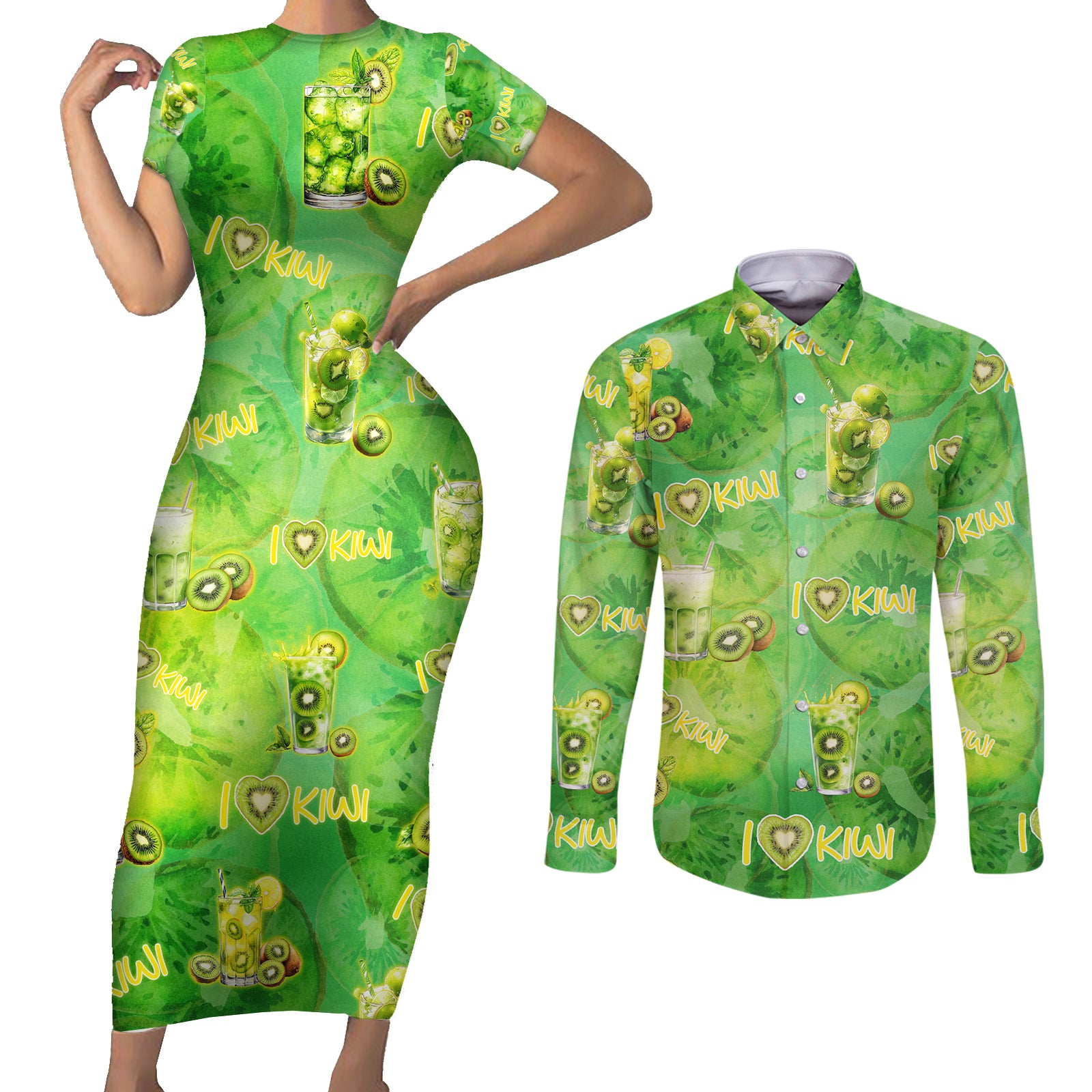 I Love Kiwi Couples Matching Short Sleeve Bodycon Dress and Long Sleeve Button Shirt New Zealand Kiwi Fruit Summer Cocktail DT02 Green - Polynesian Pride
