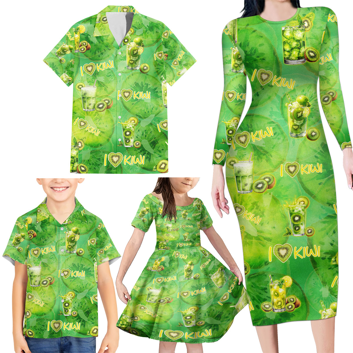 I Love Kiwi Family Matching Long Sleeve Bodycon Dress and Hawaiian Shirt New Zealand Kiwi Fruit Summer Cocktail