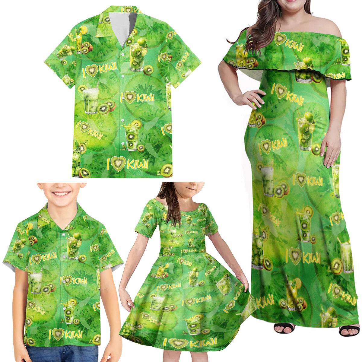 I Love Kiwi Family Matching Off Shoulder Maxi Dress and Hawaiian Shirt New Zealand Kiwi Fruit Summer Cocktail DT02 - Polynesian Pride