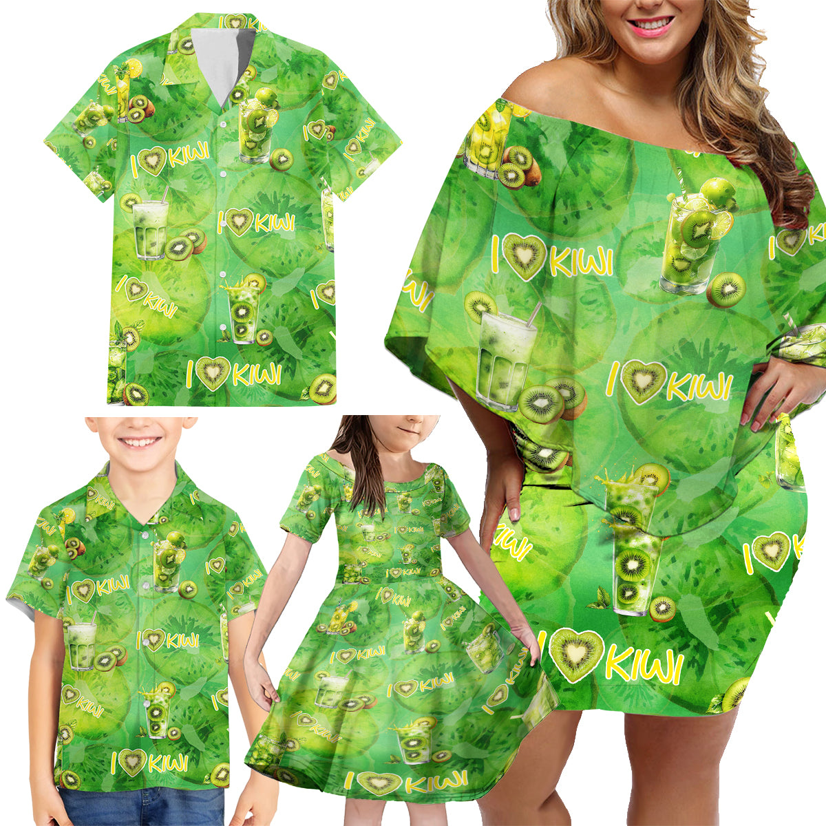 I Love Kiwi Family Matching Off Shoulder Short Dress and Hawaiian Shirt New Zealand Kiwi Fruit Summer Cocktail