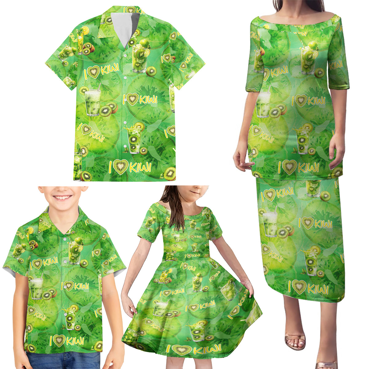 I Love Kiwi Family Matching Puletasi and Hawaiian Shirt New Zealand Kiwi Fruit Summer Cocktail