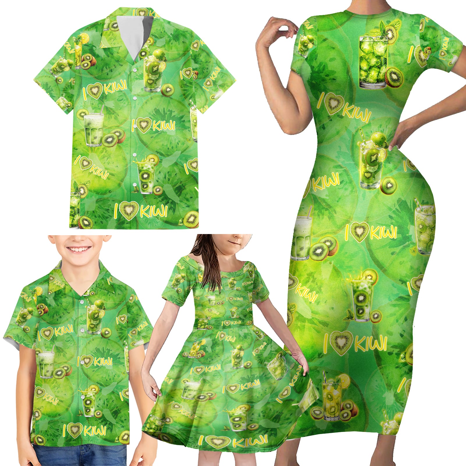 I Love Kiwi Family Matching Short Sleeve Bodycon Dress and Hawaiian Shirt New Zealand Kiwi Fruit Summer Cocktail