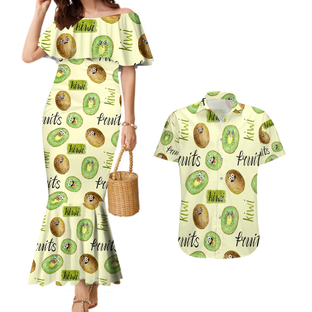 Kiwi Cute Humorous Couples Matching Mermaid Dress and Hawaiian Shirt New Zealand Fruit