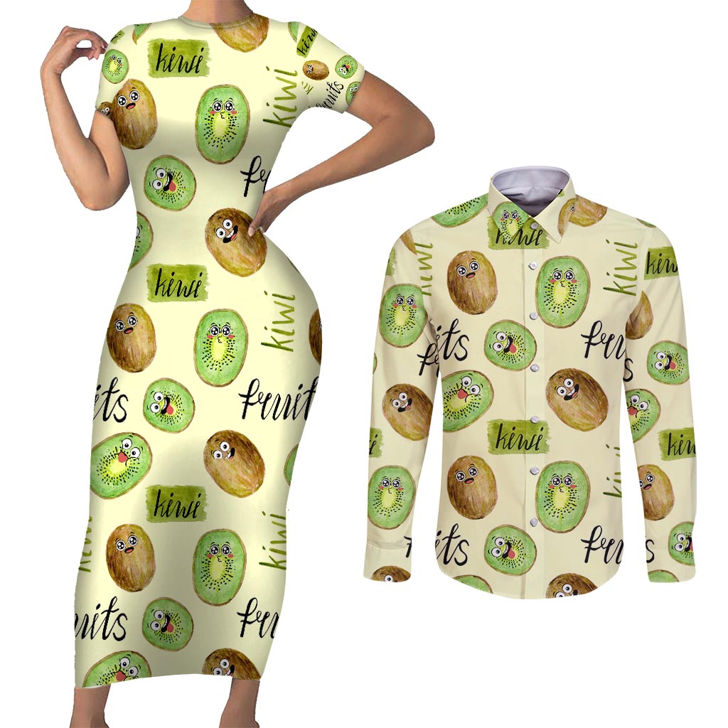 Kiwi Cute Humorous Couples Matching Short Sleeve Bodycon Dress and Long Sleeve Button Shirt New Zealand Fruit