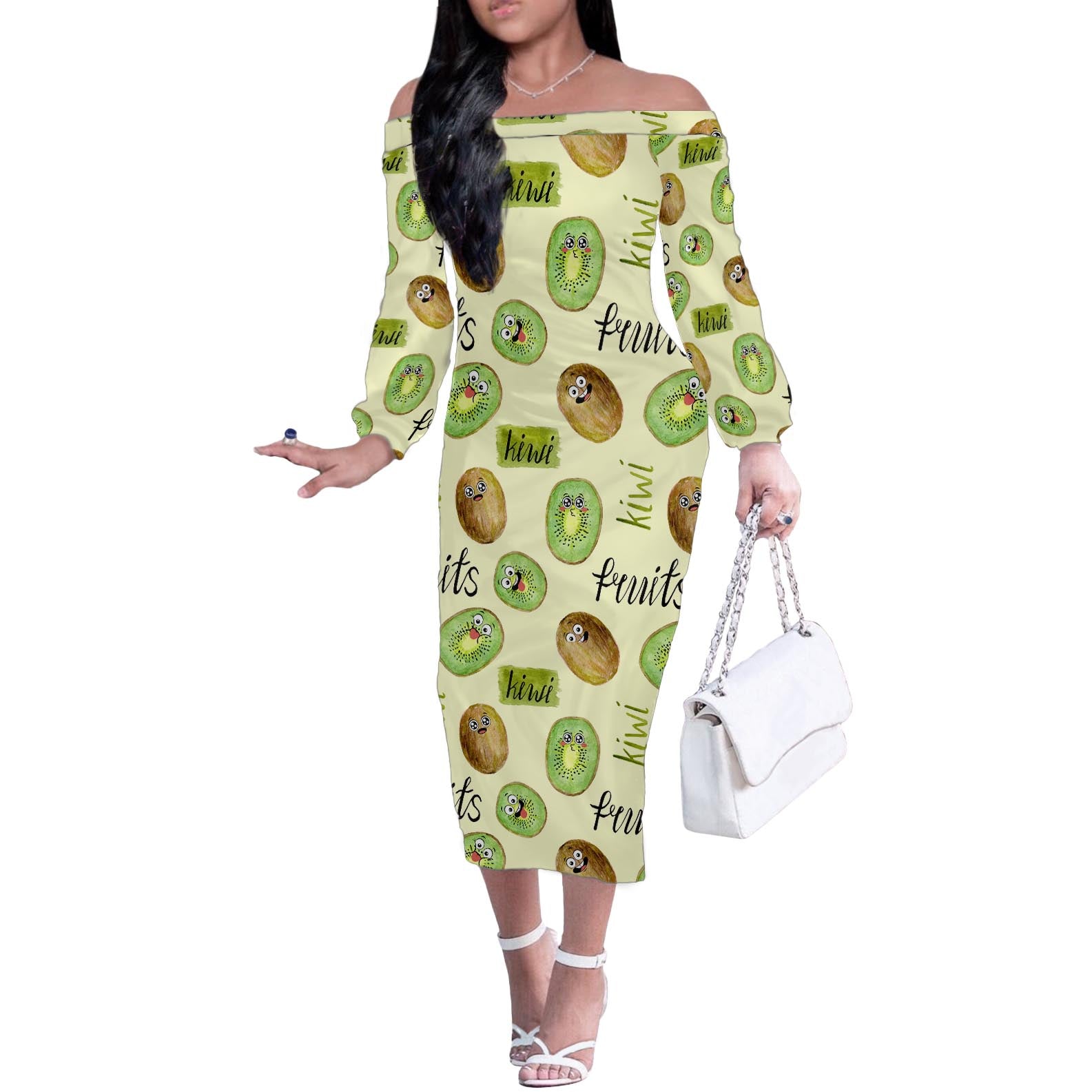 Kiwi Cute Humorous Off The Shoulder Long Sleeve Dress New Zealand Fruit