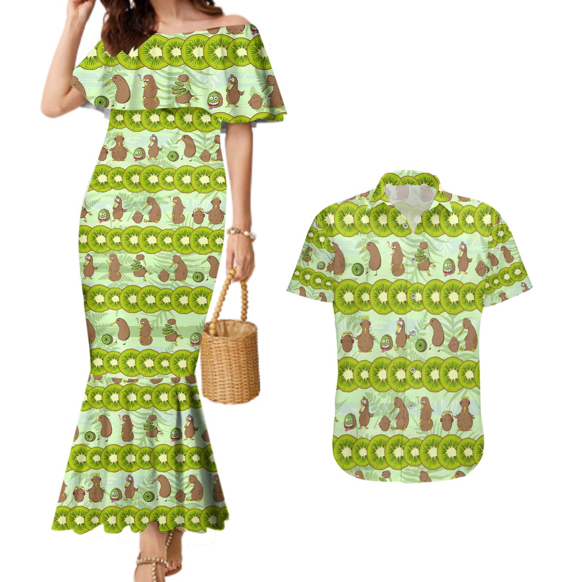 New Zealand Kiwi Fruit Witty Kiwi Bird Couples Matching Mermaid Dress and Hawaiian Shirt