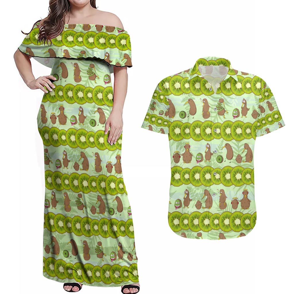 New Zealand Kiwi Fruit Witty Kiwi Bird Couples Matching Off Shoulder Maxi Dress and Hawaiian Shirt