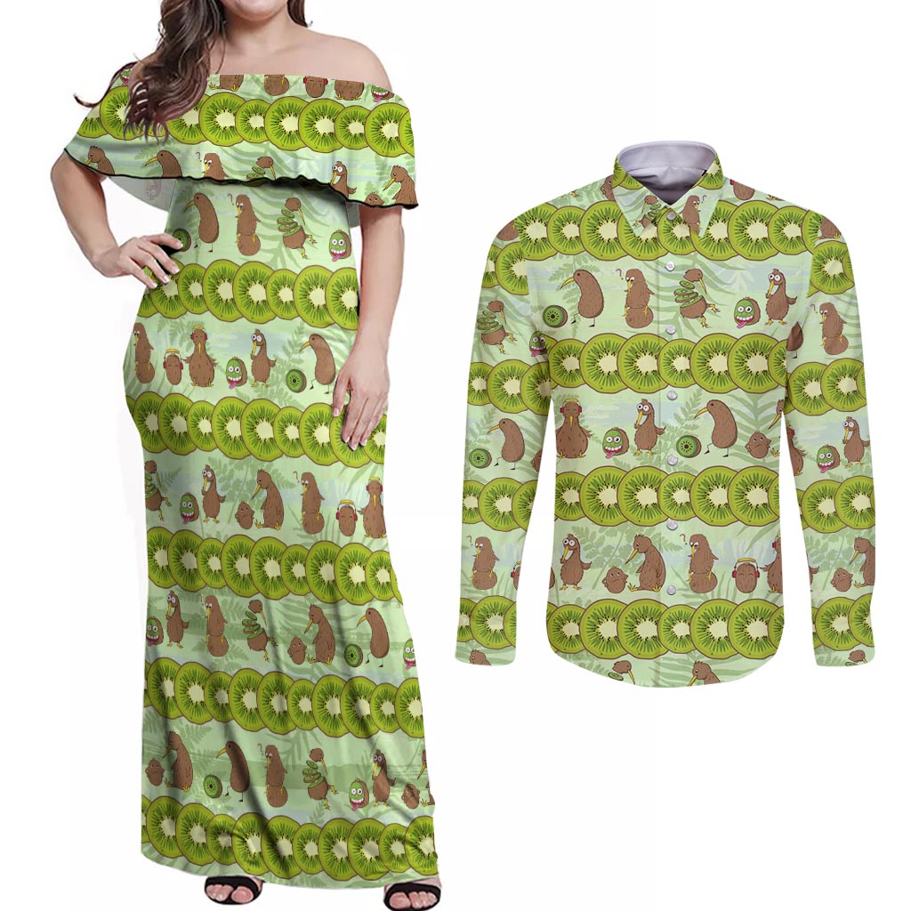 New Zealand Kiwi Fruit Witty Kiwi Bird Couples Matching Off Shoulder Maxi Dress and Long Sleeve Button Shirt