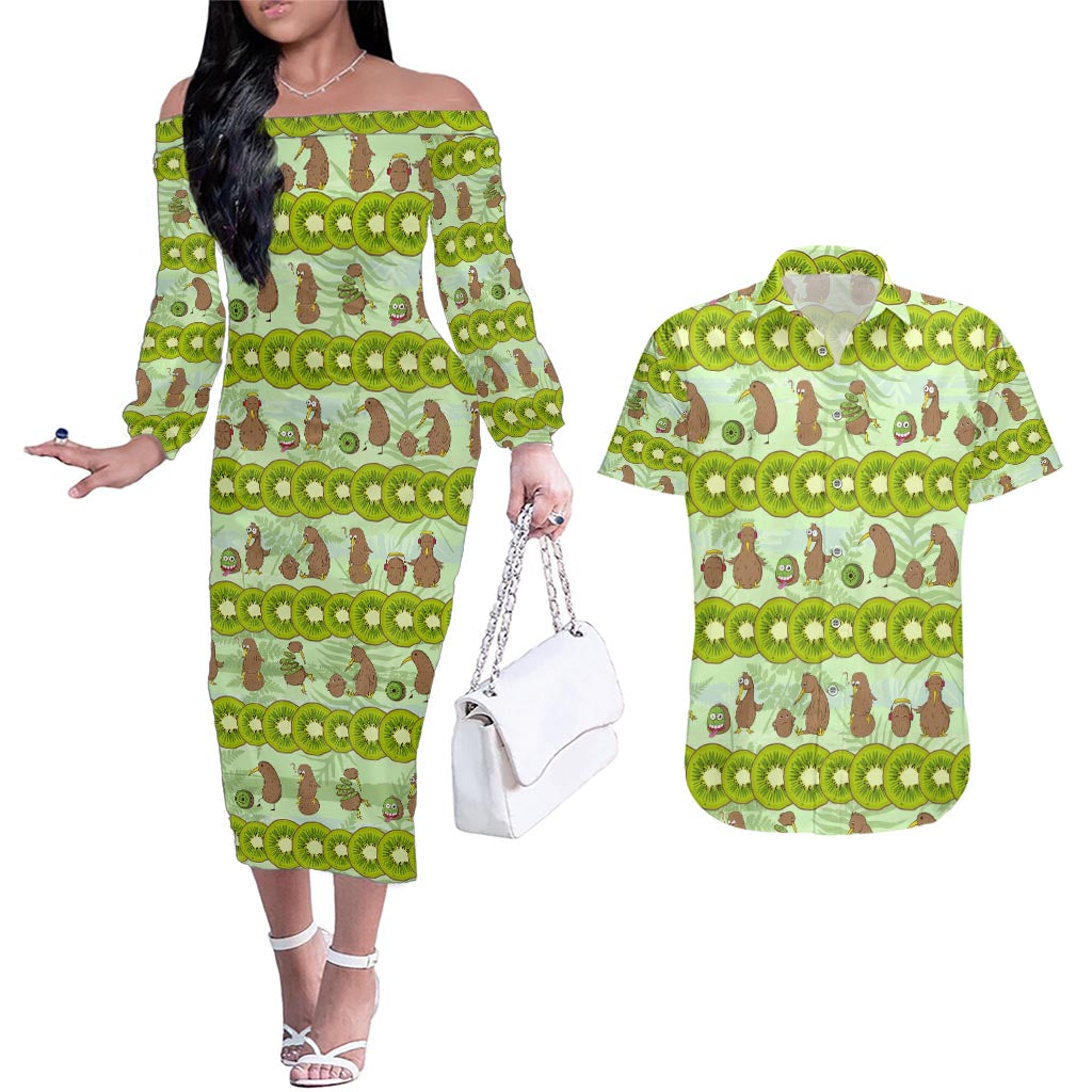 New Zealand Kiwi Fruit Witty Kiwi Bird Couples Matching Off The Shoulder Long Sleeve Dress and Hawaiian Shirt