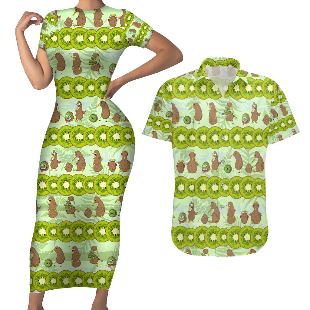 New Zealand Kiwi Fruit Witty Kiwi Bird Couples Matching Short Sleeve Bodycon Dress and Hawaiian Shirt