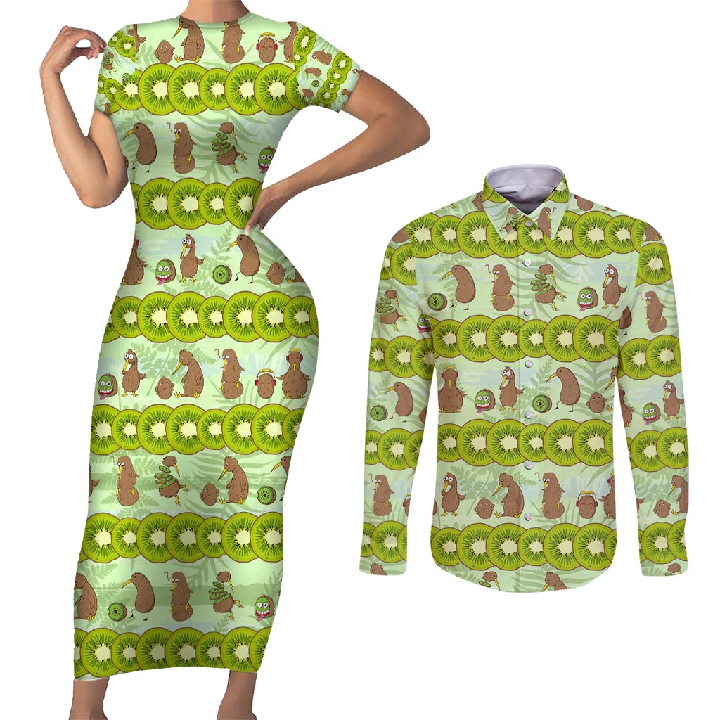 New Zealand Kiwi Fruit Witty Kiwi Bird Couples Matching Short Sleeve Bodycon Dress and Long Sleeve Button Shirt