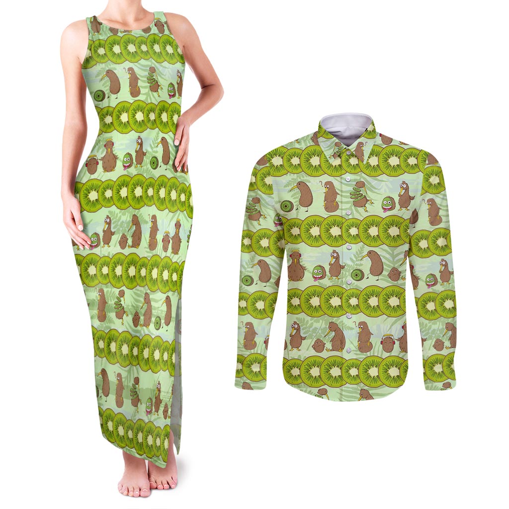 New Zealand Kiwi Fruit Witty Kiwi Bird Couples Matching Tank Maxi Dress and Long Sleeve Button Shirt