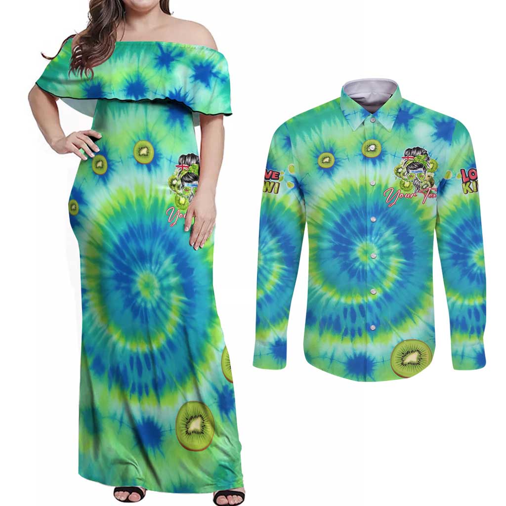 Just a Girl Who Loves Kiwis Couples Matching Off Shoulder Maxi Dress and Long Sleeve Button Shirt New Zealand Tie Dye DT02 Green - Polynesian Pride