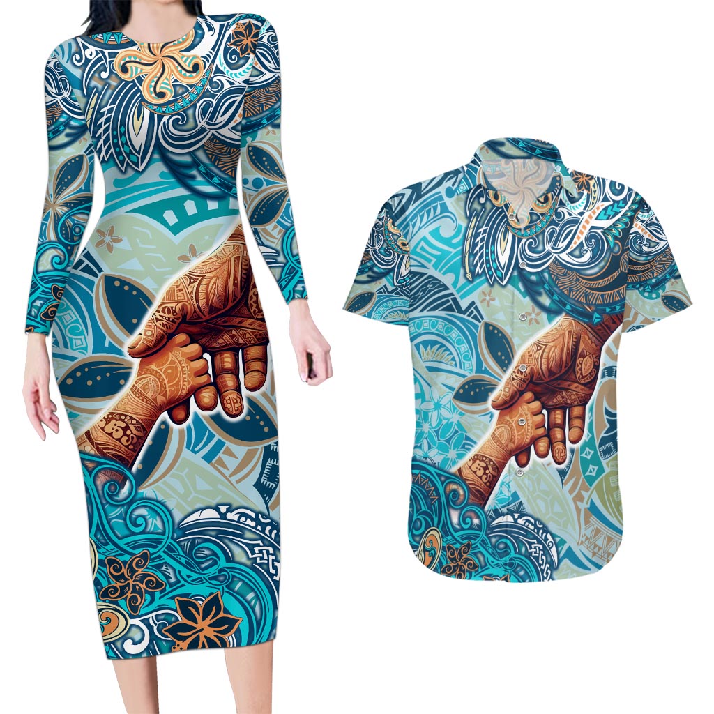 Hand In Hand Father's Day Polynesian Couples Matching Long Sleeve Bodycon Dress and Hawaiian Shirt Tribal Flower Pattern