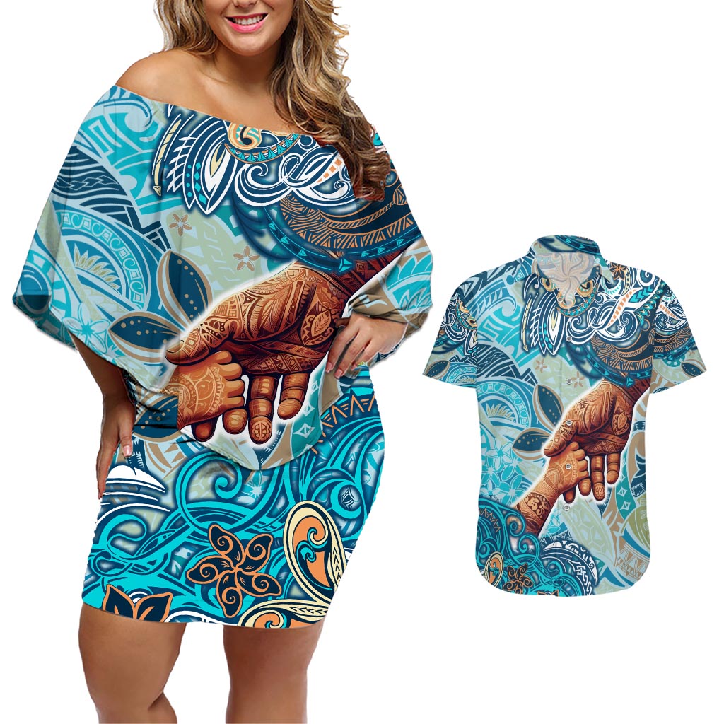 Hand In Hand Father's Day Polynesian Couples Matching Off Shoulder Short Dress and Hawaiian Shirt Tribal Flower Pattern