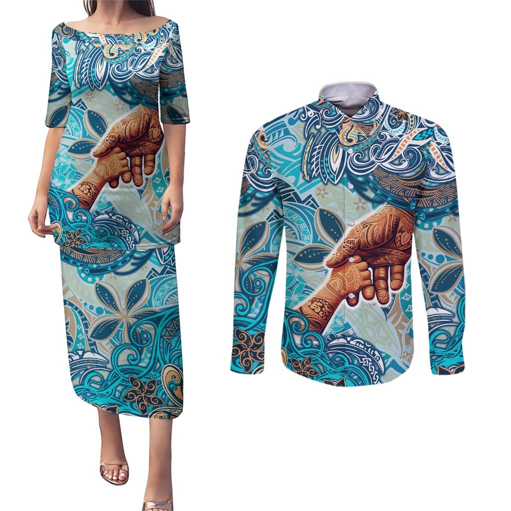 Hand In Hand Father's Day Polynesian Couples Matching Puletasi and Long Sleeve Button Shirt Tribal Flower Pattern