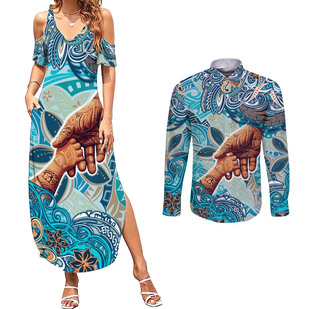 Hand In Hand Father's Day Polynesian Couples Matching Summer Maxi Dress and Long Sleeve Button Shirt Tribal Flower Pattern