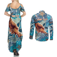 Hand In Hand Father's Day Polynesian Couples Matching Summer Maxi Dress and Long Sleeve Button Shirt Tribal Flower Pattern