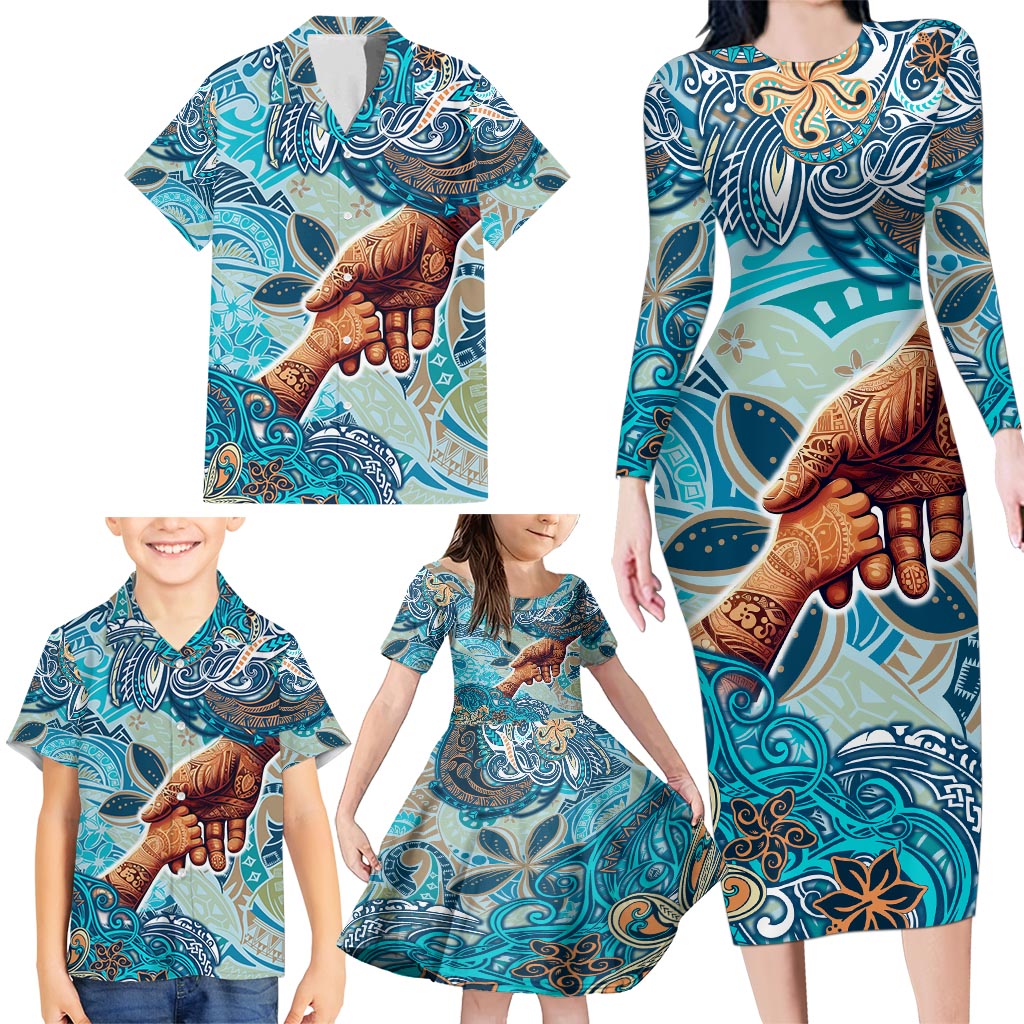 Hand In Hand Father's Day Polynesian Family Matching Long Sleeve Bodycon Dress and Hawaiian Shirt Tribal Flower Pattern