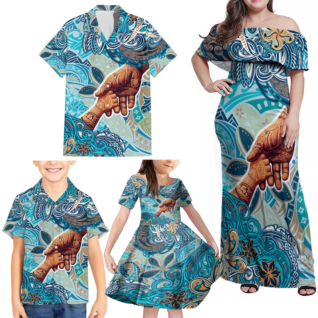 Hand In Hand Father's Day Polynesian Family Matching Off Shoulder Maxi Dress and Hawaiian Shirt Tribal Flower Pattern DT02 - Polynesian Pride