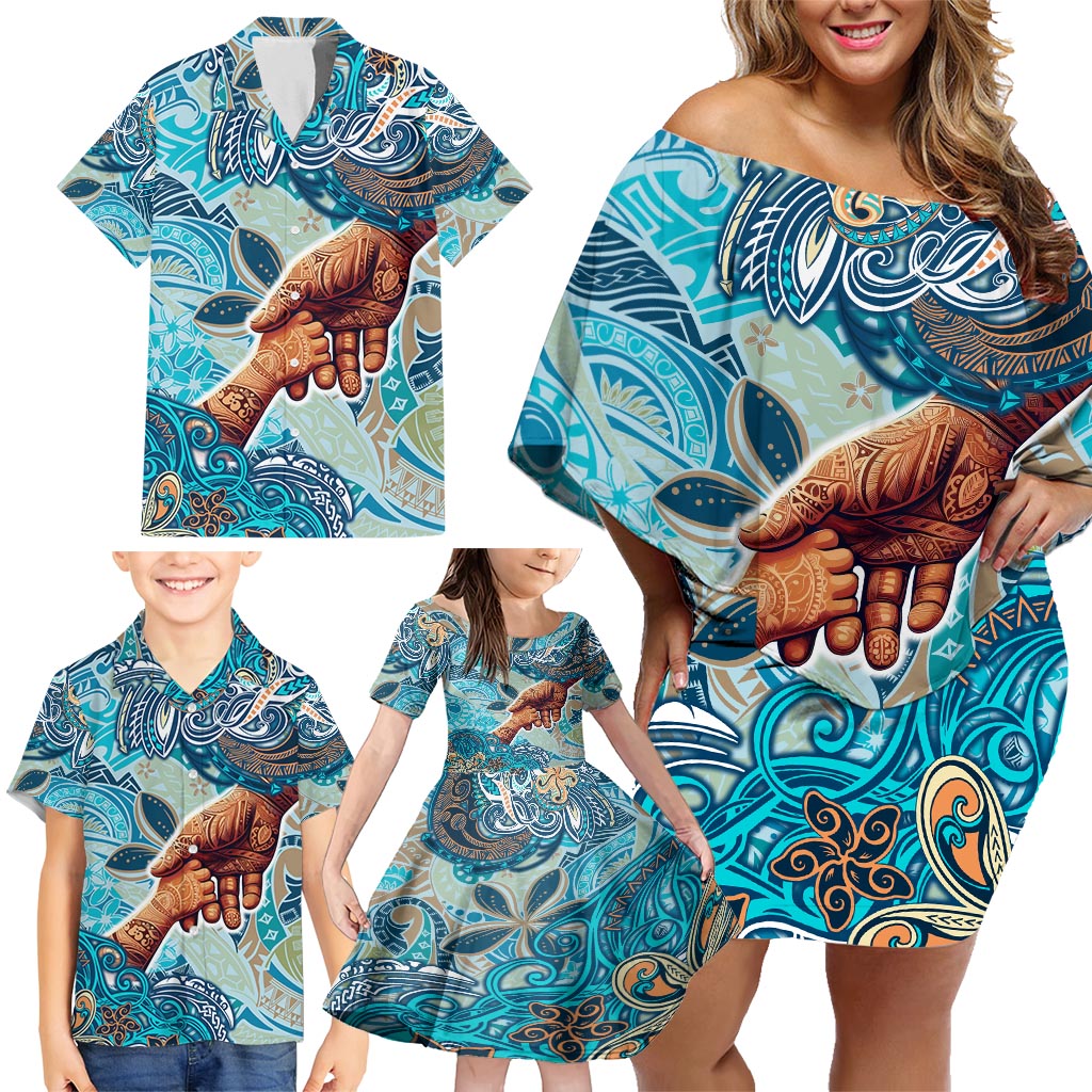 Hand In Hand Father's Day Polynesian Family Matching Off Shoulder Short Dress and Hawaiian Shirt Tribal Flower Pattern DT02 - Polynesian Pride