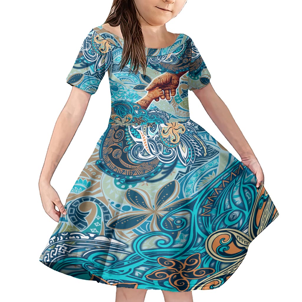 Hand In Hand Father's Day Polynesian Kid Short Sleeve Dress Tribal Flower Pattern