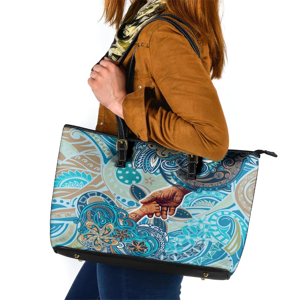 Hand In Hand Father's Day Polynesian Leather Tote Bag Tribal Flower Pattern DT02 Blue - Polynesian Pride