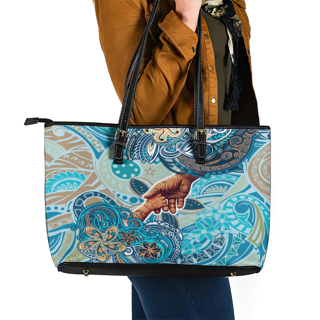 Hand In Hand Father's Day Polynesian Leather Tote Bag Tribal Flower Pattern DT02 - Polynesian Pride