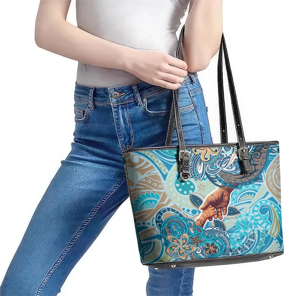 Hand In Hand Father's Day Polynesian Leather Tote Bag Tribal Flower Pattern DT02 - Polynesian Pride