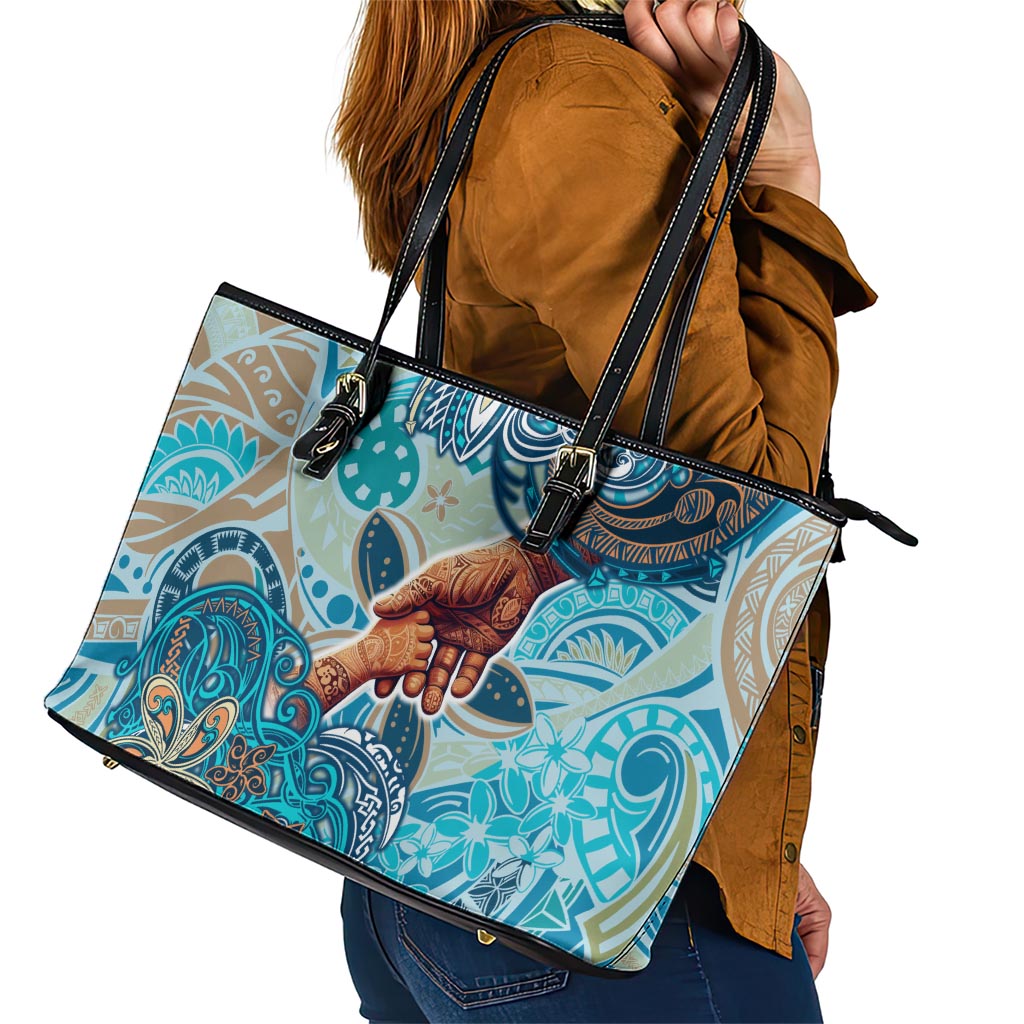 Hand In Hand Father's Day Polynesian Leather Tote Bag Tribal Flower Pattern DT02 - Polynesian Pride