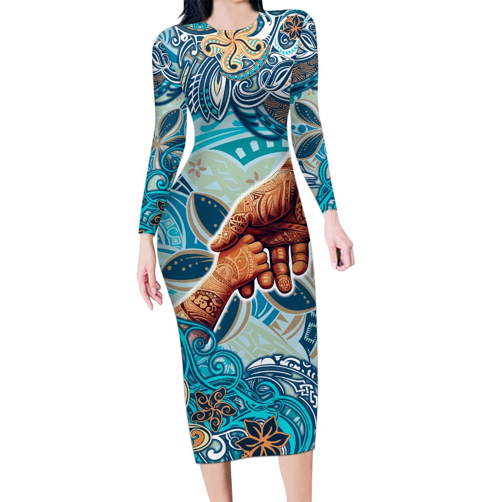 Hand In Hand Father's Day Polynesian Long Sleeve Bodycon Dress Tribal Flower Pattern