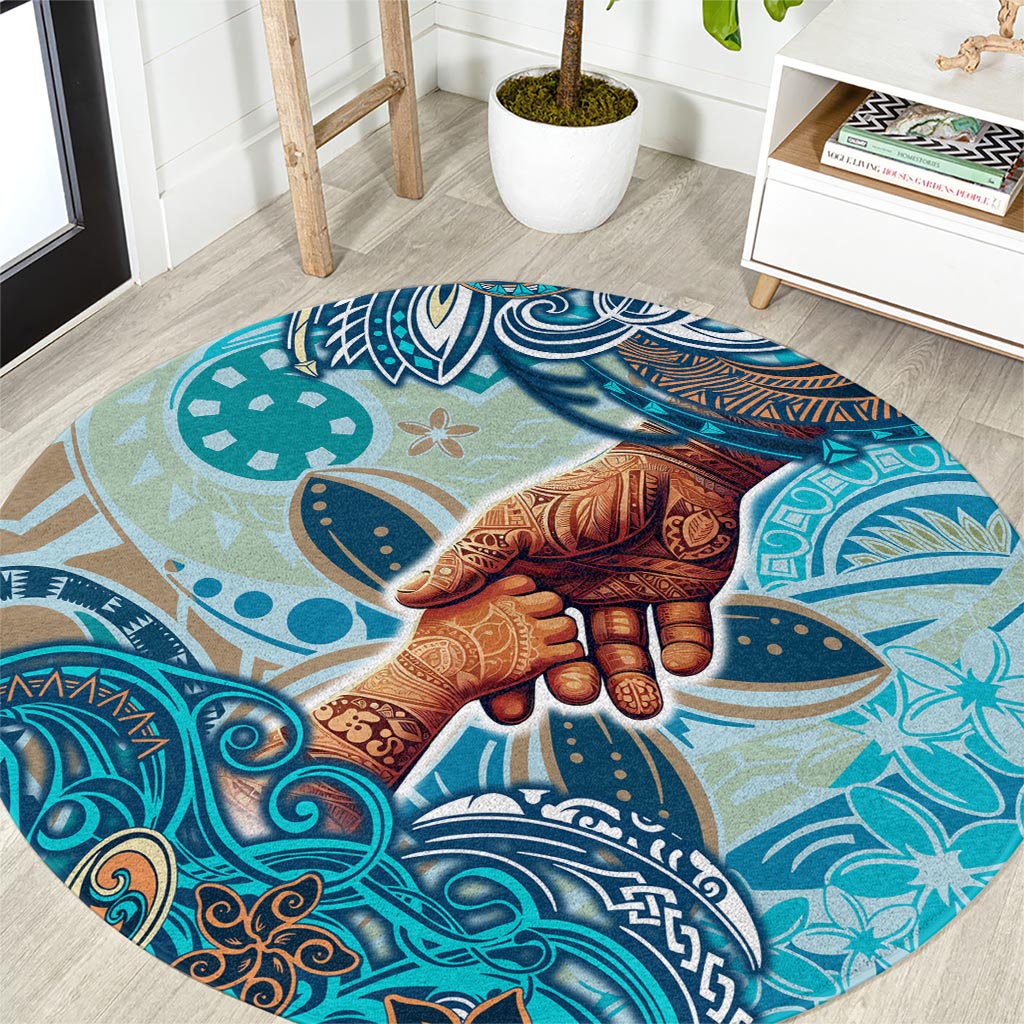 Hand In Hand Father's Day Polynesian Round Carpet Tribal Flower Pattern