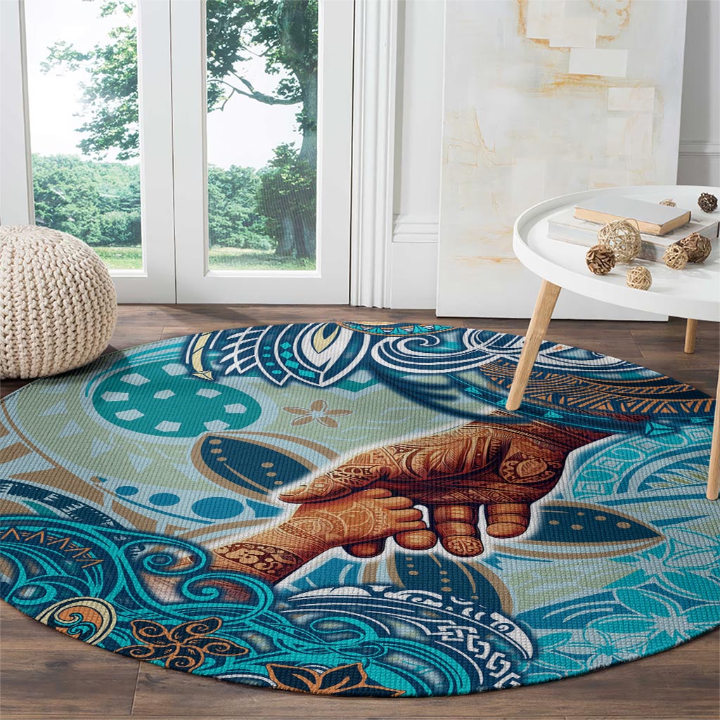 Hand In Hand Father's Day Polynesian Round Carpet Tribal Flower Pattern