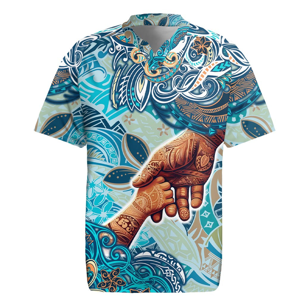 Hand In Hand Father's Day Polynesian Rugby Jersey Tribal Flower Pattern DT02 Blue - Polynesian Pride