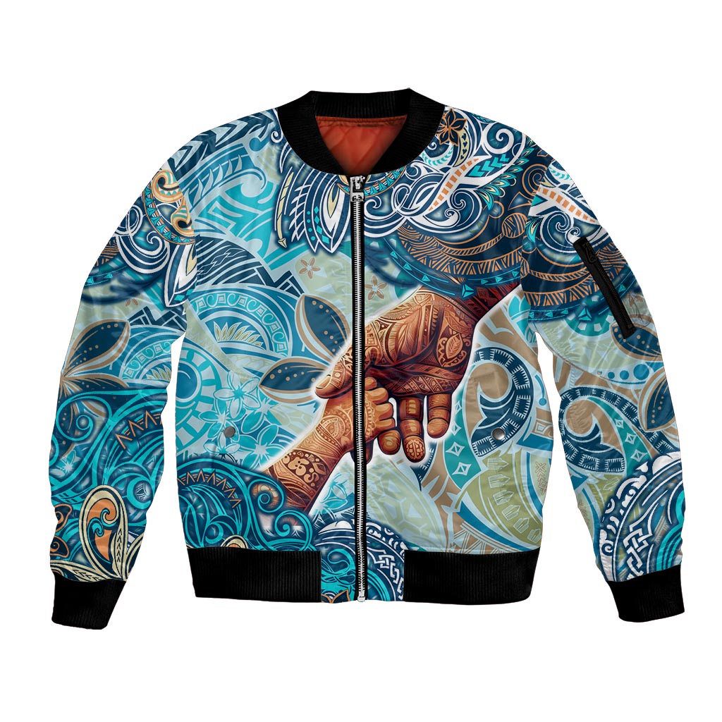 Hand In Hand Father's Day Polynesian Sleeve Zip Bomber Jacket Tribal Flower Pattern DT02 Unisex Blue - Polynesian Pride
