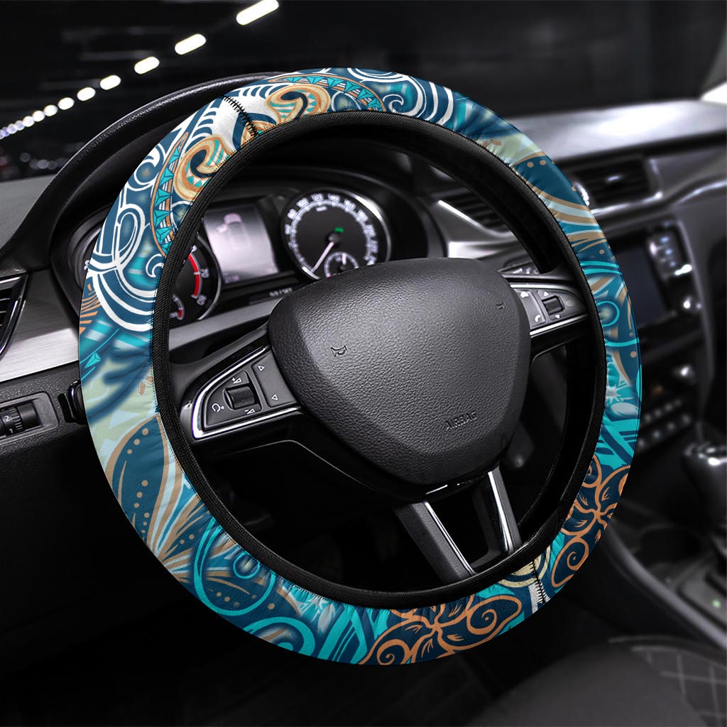 Hand In Hand Father's Day Polynesian Steering Wheel Cover Tribal Flower Pattern DT02 Universal Fit Blue - Polynesian Pride