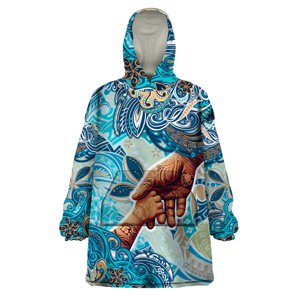 Hand In Hand Father's Day Polynesian Wearable Blanket Hoodie Tribal Flower Pattern DT02 One Size Blue - Polynesian Pride