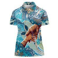 Hand In Hand Father's Day Polynesian Women Polo Shirt Tribal Flower Pattern DT02 Female Blue - Polynesian Pride
