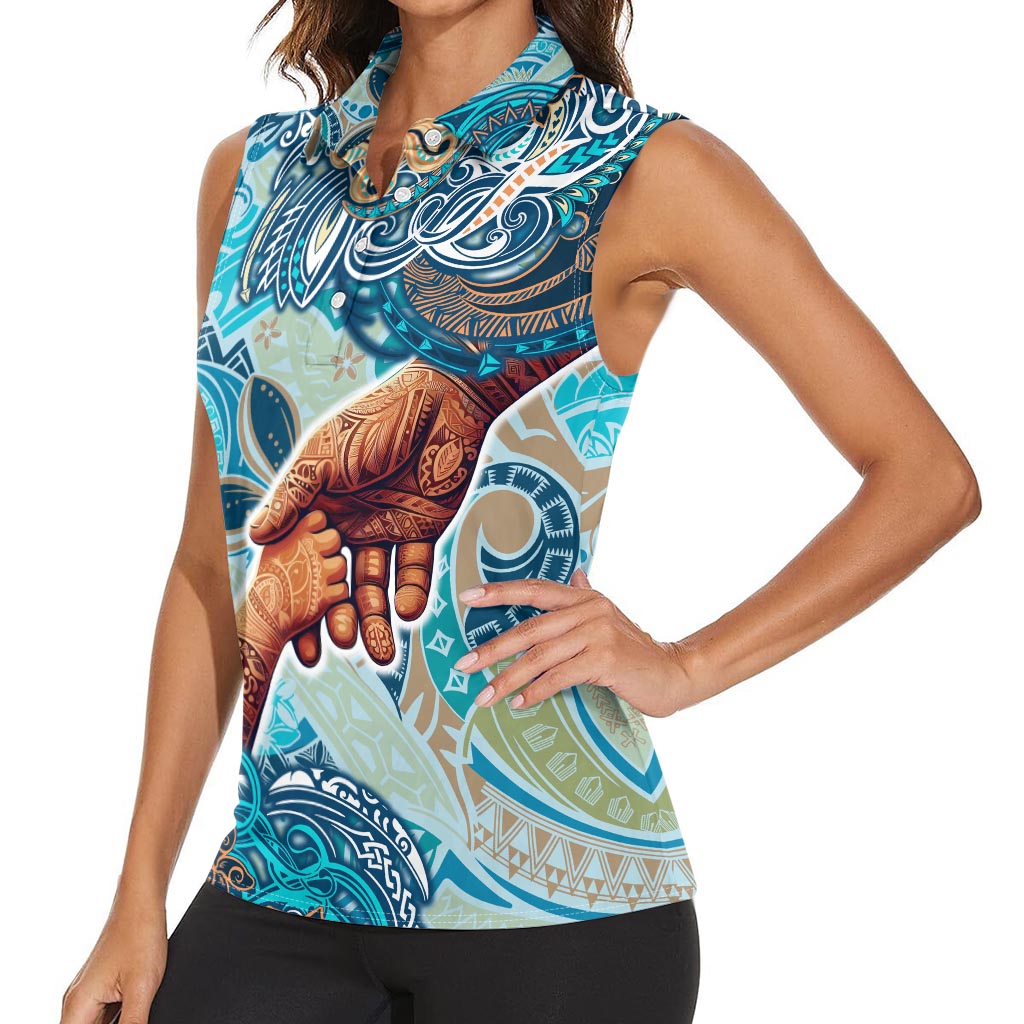 Hand In Hand Father's Day Polynesian Women Sleeveless Polo Shirt Tribal Flower Pattern DT02 - Polynesian Pride