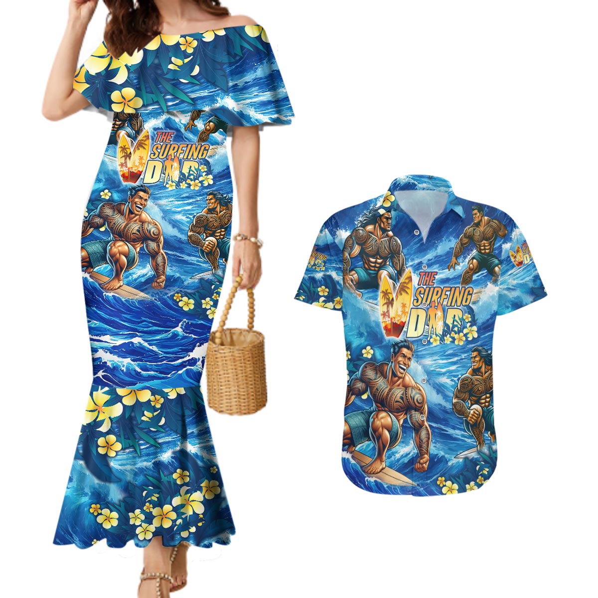 Hawaii Father's Day Couples Matching Mermaid Dress and Hawaiian Shirt The Surfing Dad Polynesian Tattoo