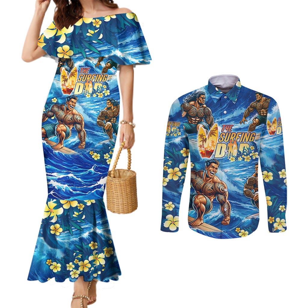 Hawaii Father's Day Couples Matching Mermaid Dress and Long Sleeve Button Shirt The Surfing Dad Polynesian Tattoo