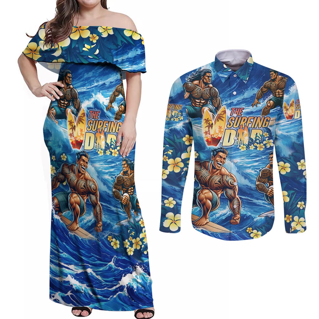 Hawaii Father's Day Couples Matching Off Shoulder Maxi Dress and Long Sleeve Button Shirt The Surfing Dad Polynesian Tattoo