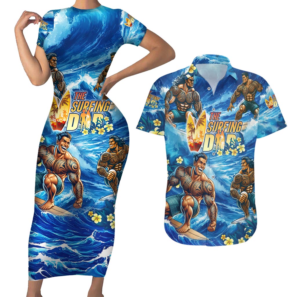 Hawaii Father's Day Couples Matching Short Sleeve Bodycon Dress and Hawaiian Shirt The Surfing Dad Polynesian Tattoo